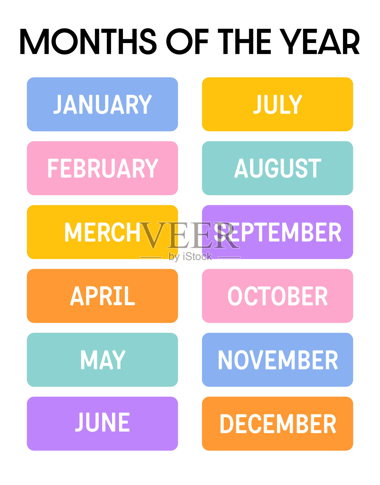 12个月的家庭教育海报，学前教育。游戏室装饰，蒙台梭利学习月为学龄前儿童准备的资源，幼儿园。插画图片素材