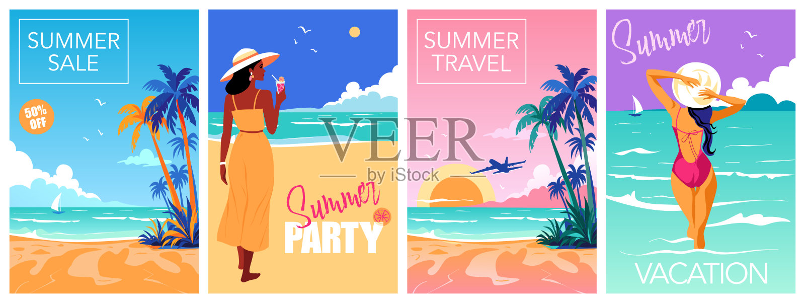 夏季和旅游概念与热带海滩插画图片素材