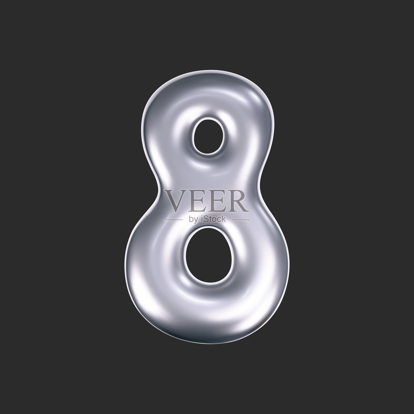 3d铬液体数字8在y2k风格孤立在一个黑暗的背景。渲染3d金属膨胀的数字与光泽的银效果。三维矢量y2k排版数字插画图片素材