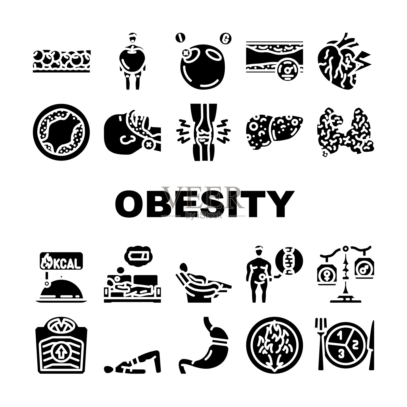 肥胖超重脂肪腹部图标集向量插画图片素材