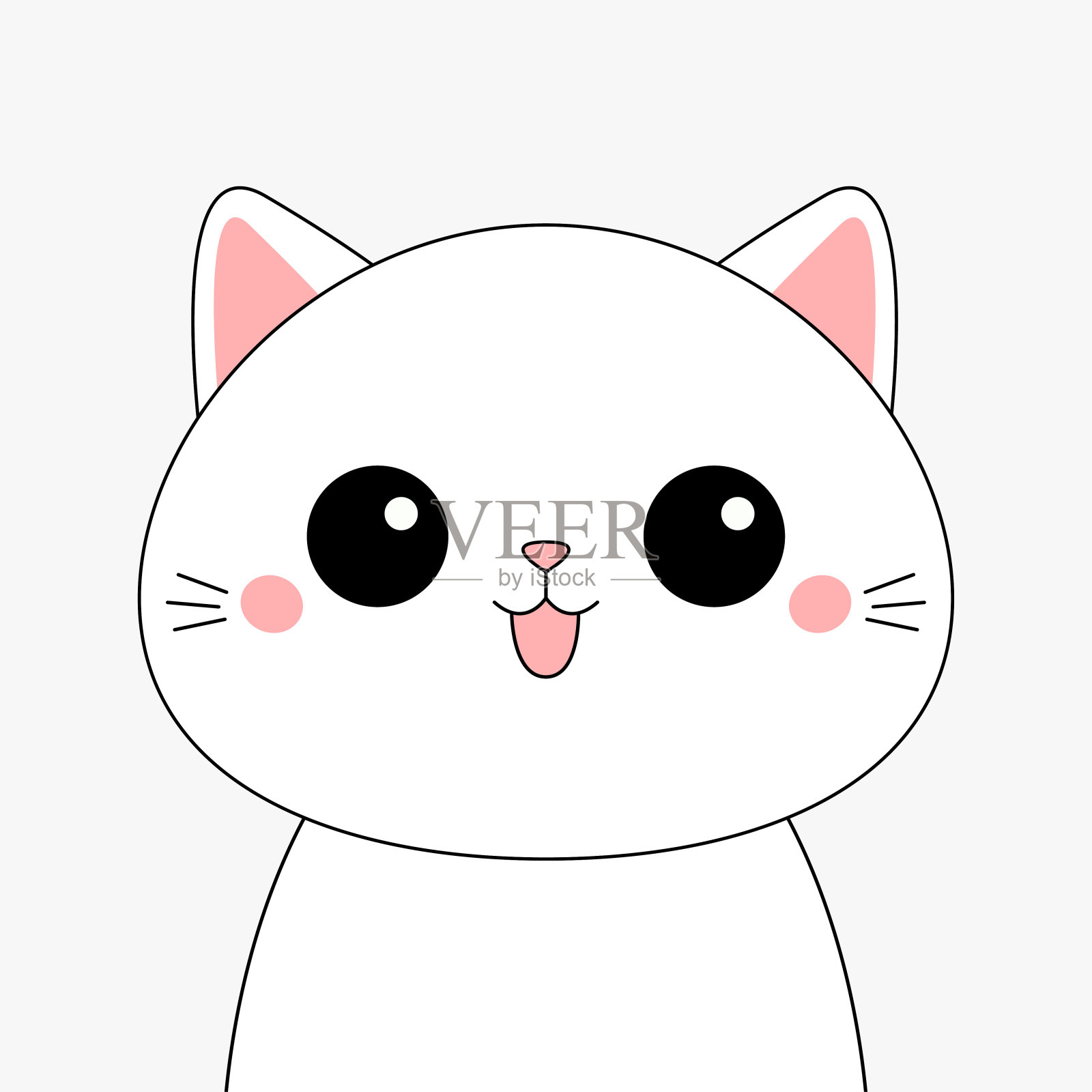 猫脸头线轮廓轮廓图标。有趣的卡哇伊悲伤涂鸦动物。粉红色的脸颊，舌头，耳朵。可爱的卡通婴儿角色。宠物收集。平面设计。白色背景。插画图片素材