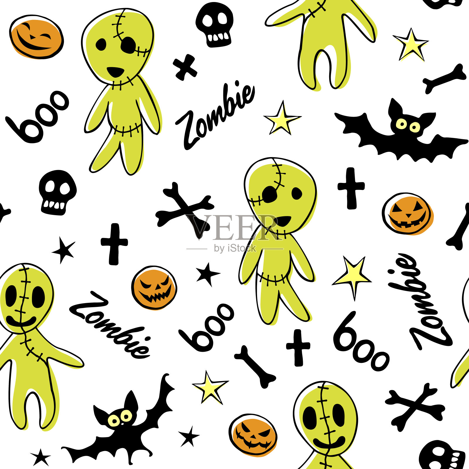 矢量无缝图案与可爱的僵尸，蝙蝠，头骨在卡通风格。轮廓涂鸦平插图，孤立。万圣节背景和纹理。插画图片素材