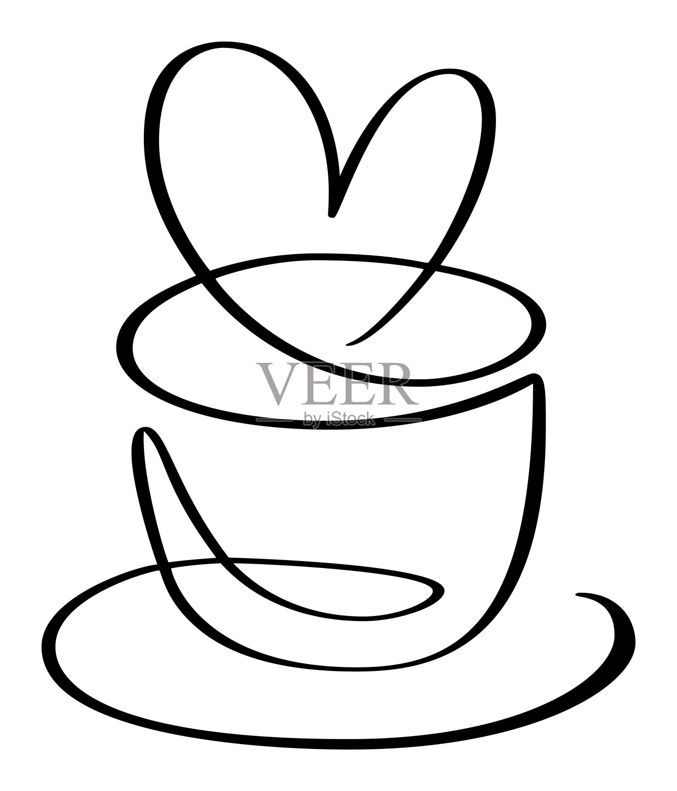 一个连续的单线手绘咖啡杯装饰的心脏符号。爱情浪漫的情人节矢量标志图标孤立的白色背景插画图片素材