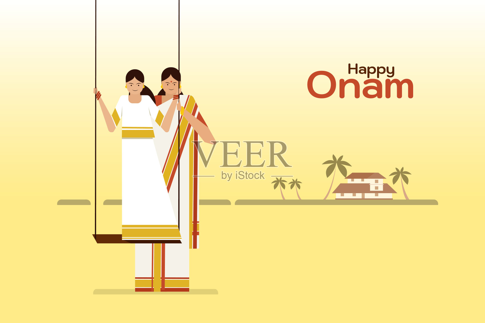 图为一对母女在户外荡秋千。奥南节的概念插画图片素材