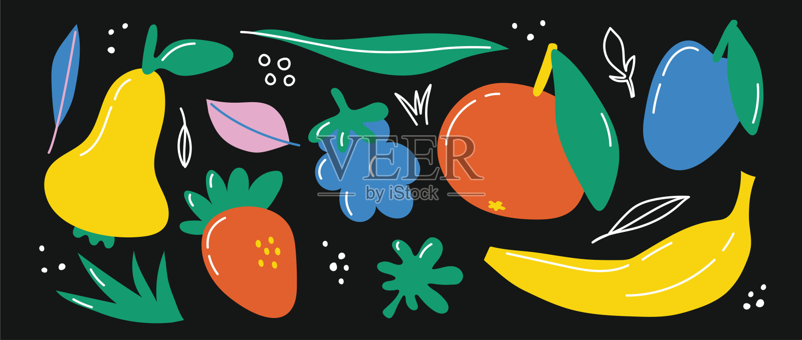 草莓，梨，香蕉，葡萄柚，黑莓，李子和叶子在黑色的背景。收集卡通水果。可爱的嬉皮士设计的孩子。天真的贴纸包。当代原始向量集。粗野主义瑞士美学插画图片素材