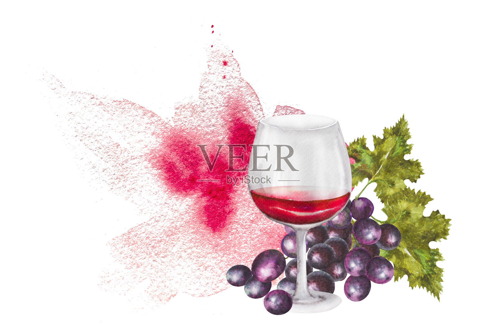 一杯红酒，几串葡萄。水彩插图一杯酒和葡萄串，手绘插画图片素材