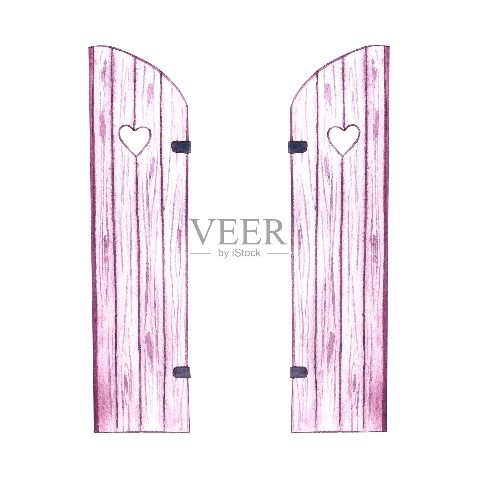 木制百叶窗的窗户。古老的粉红色百叶窗，质朴的风格。手绘的水彩画。强调它。家居，儿童游戏，明信片和装饰的设计元素。插画图片素材