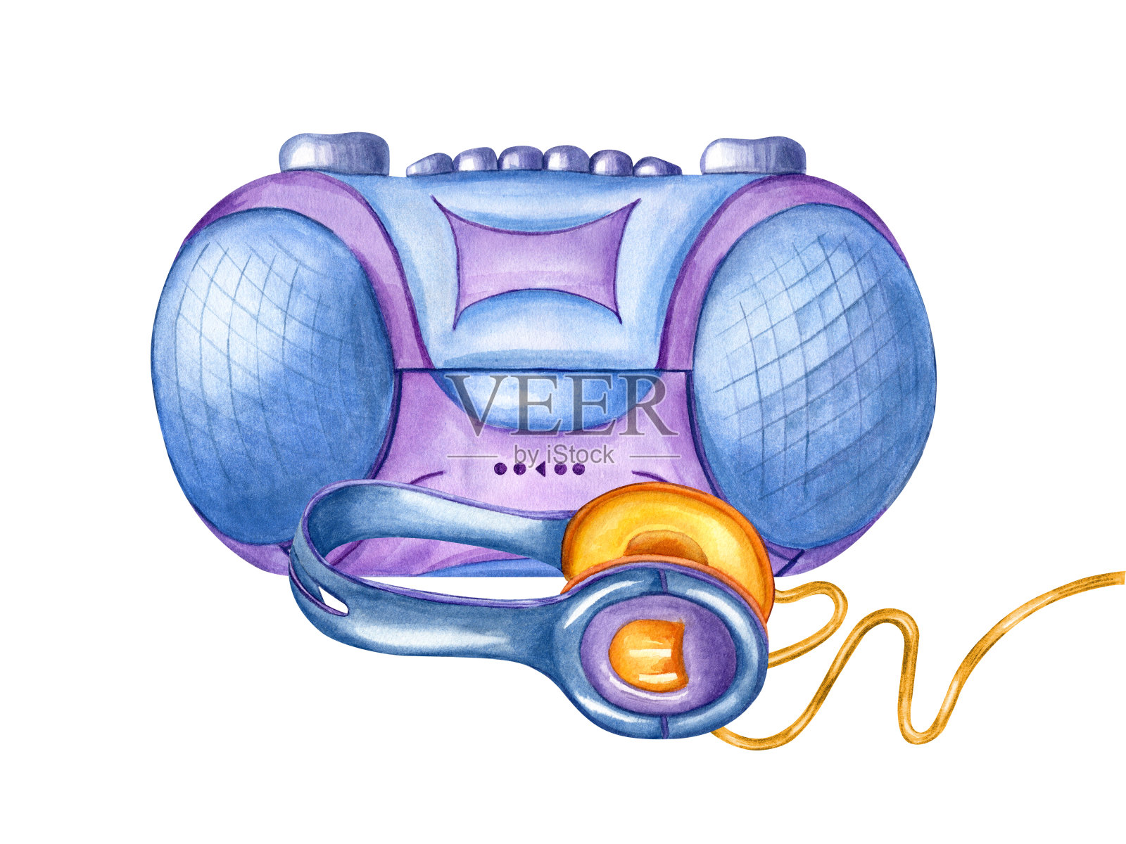 带有线耳机的盒式录音机。听音乐用的录音机和耳机。复古的90年代，Y2K风格。音乐配件。水彩插图孤立的白色背景插画图片素材