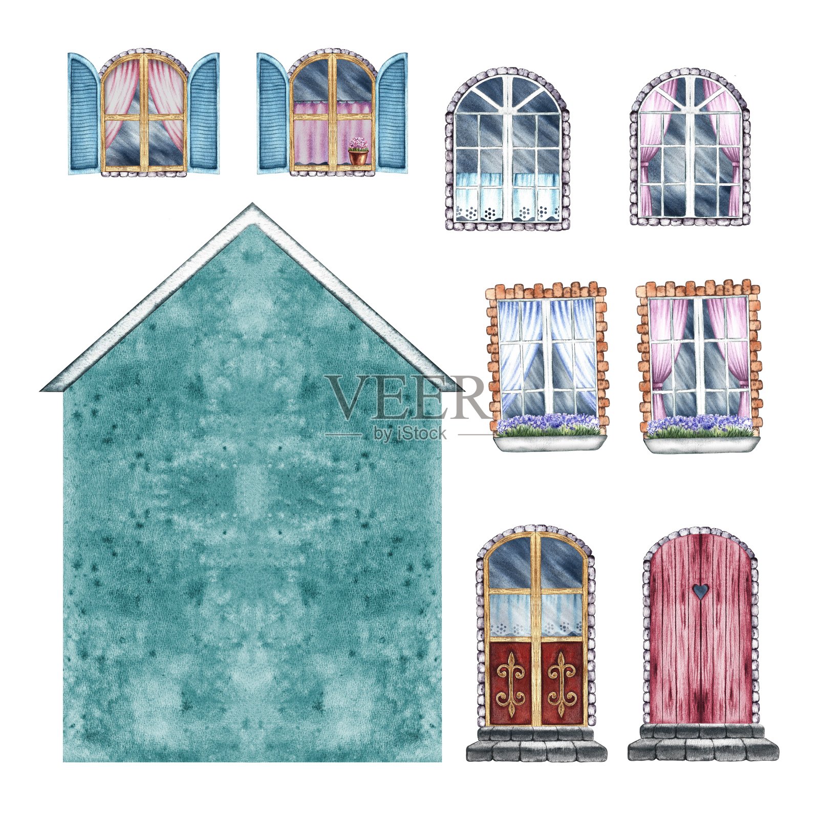 这房子是一套建筑工具。一套用来建造复古房子的套装。门面，窗户，门。手绘的水彩画。强调它。家居，儿童游戏，明信片的设计元素插画图片素材