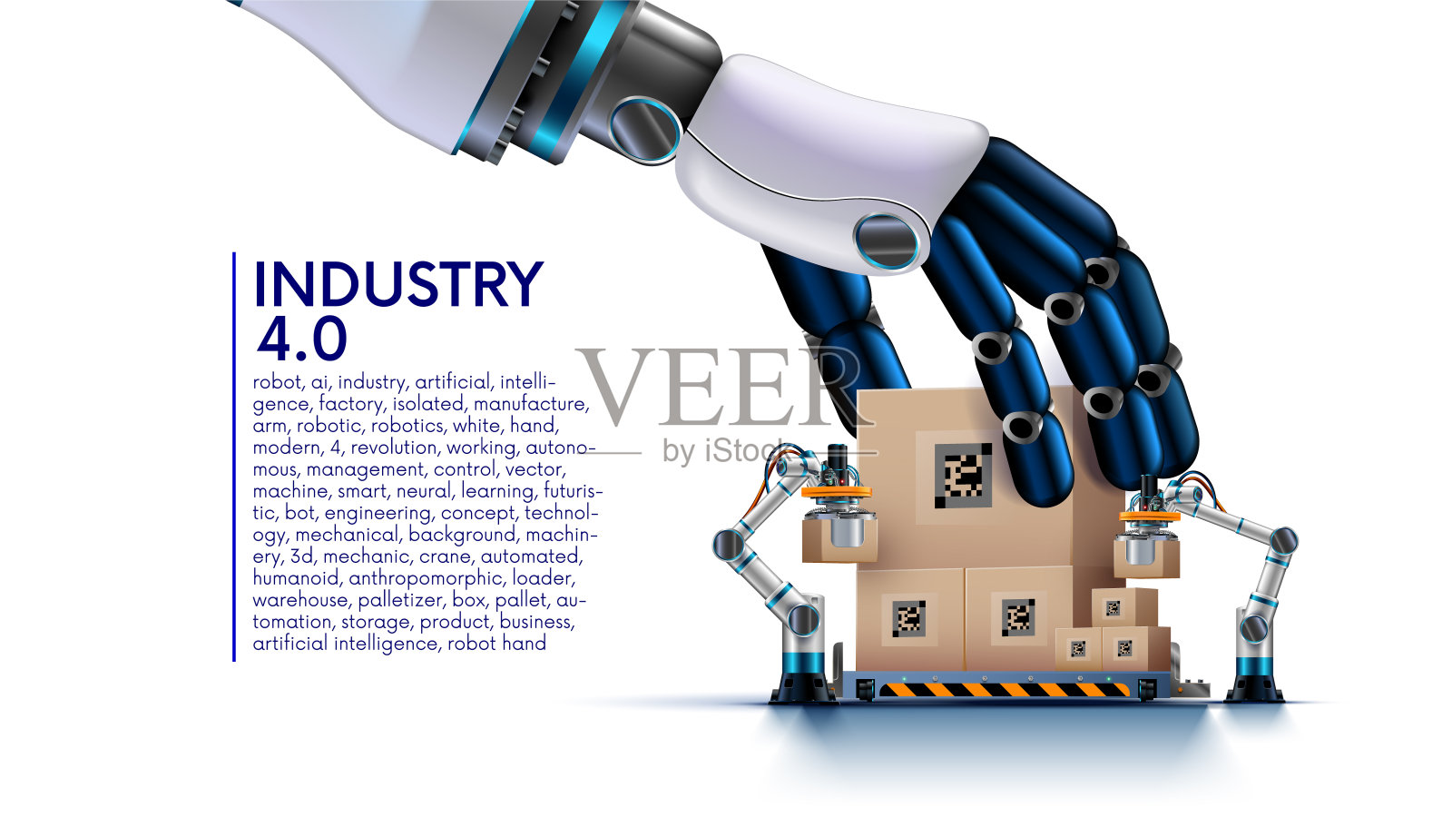 工厂或仓库中的AI管理机器人：人形机器人手臂在托盘上放置箱子，AI控制机械臂，工业4.0和AI行业技术概念插画图片素材