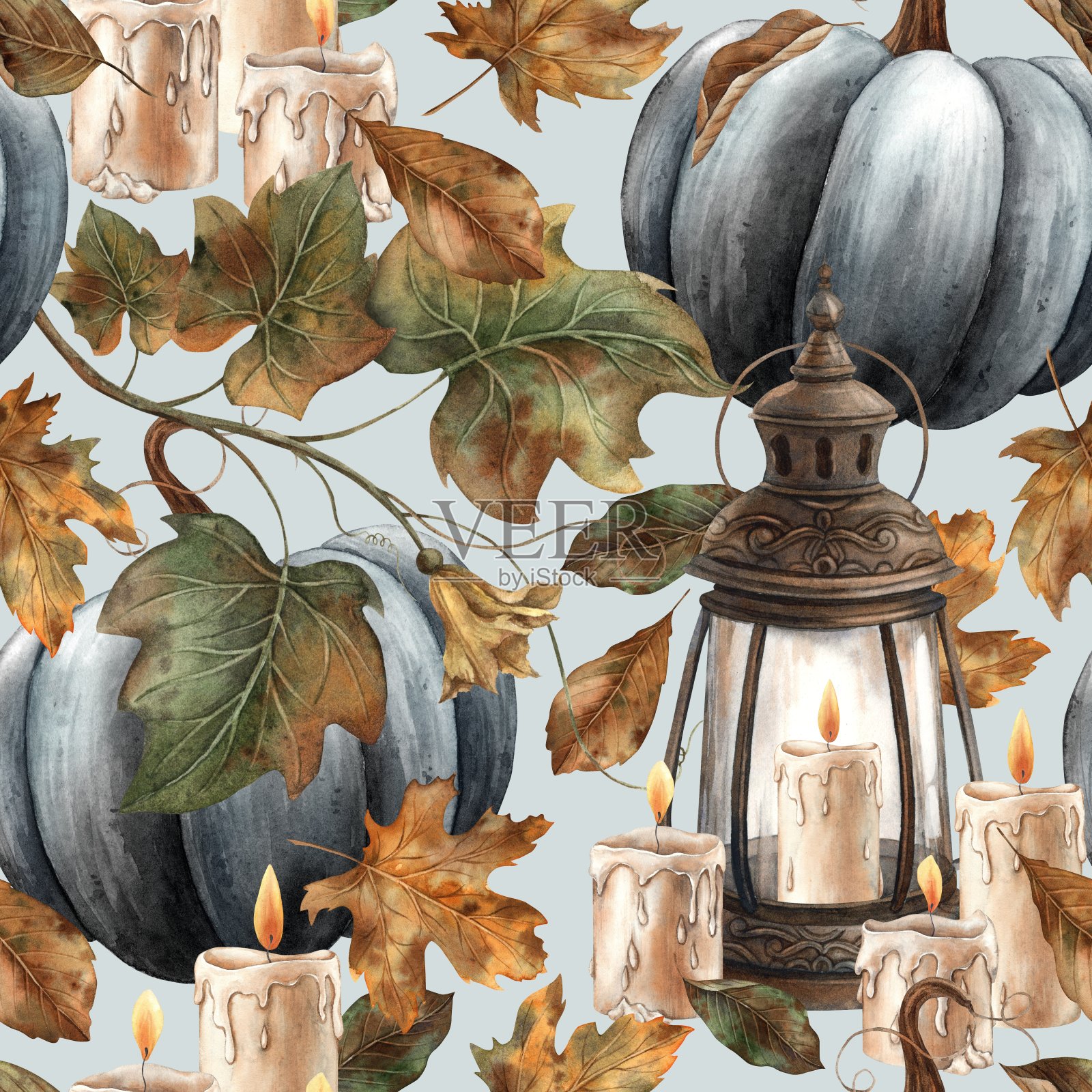用蜡烛、黑南瓜和干树叶做成的老式灯笼。在蓝色背景上哥特式风格的水彩图案。适合万圣节设计，复古节日，卡片，海报，包装。插画图片素材