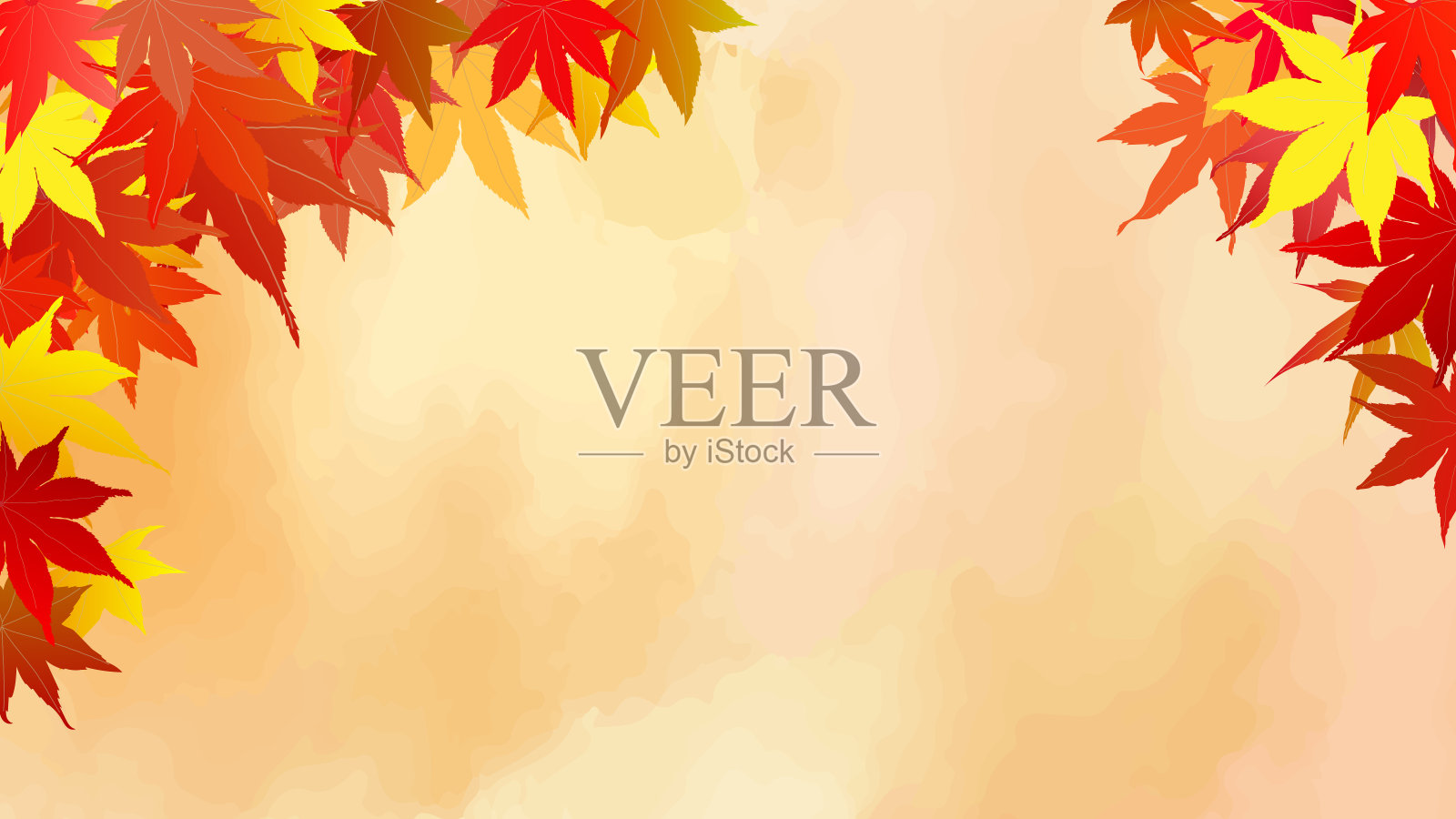 五颜六色的秋叶，枫叶矢量插图背景，水彩，无文字，16:9，框架，横幅，水彩纹理，复制空间，模板，五颜六色的枫叶，美丽多彩的橙色水彩纹理插画图片素材