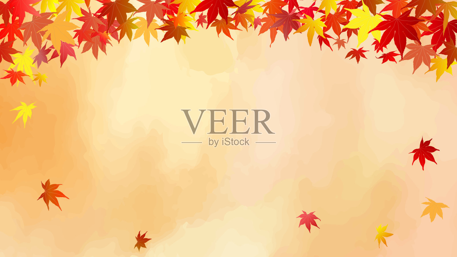 水彩矢量插画背景以秋叶，无文字，16:9，复制空间，框架，模板，横幅，彩色枫，美丽多彩的橙色水彩纹理插画图片素材