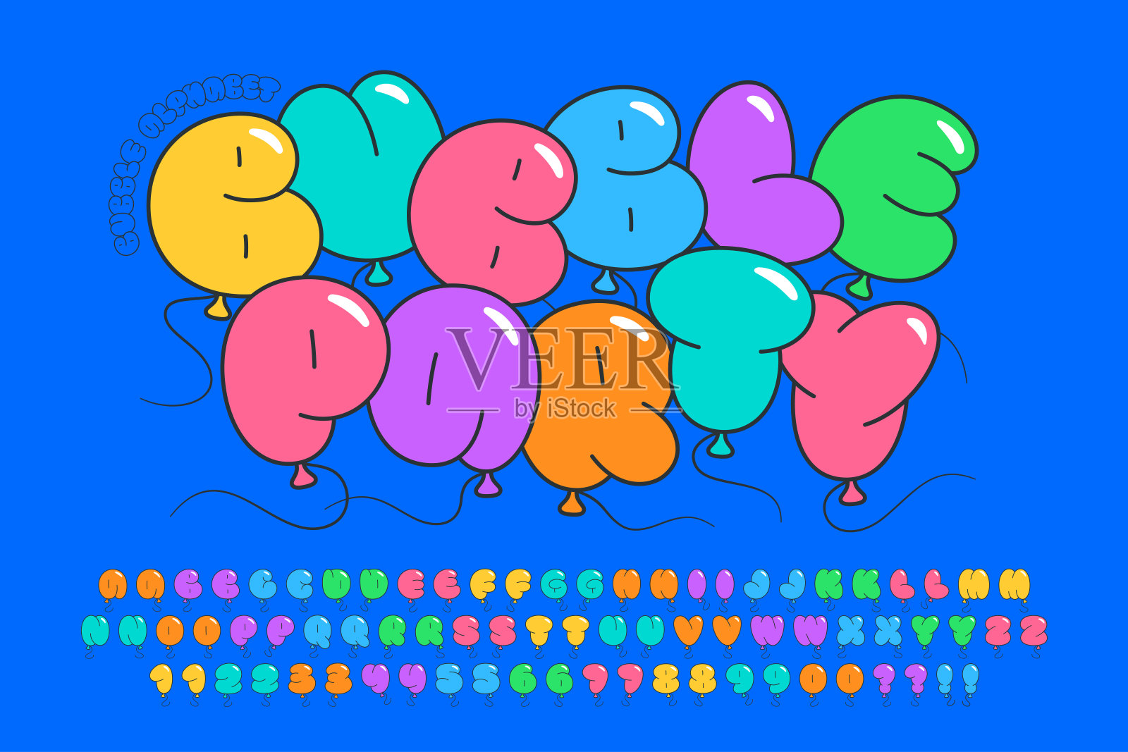 时尚泡沫滑稽字母设计，彩色，字体。插画图片素材