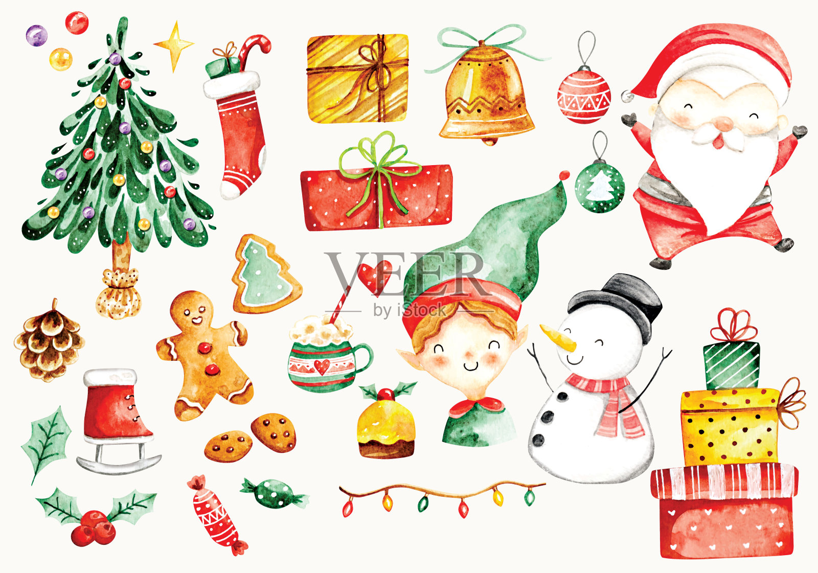 一套圣诞涂鸦水彩风格矢量插图插画图片素材