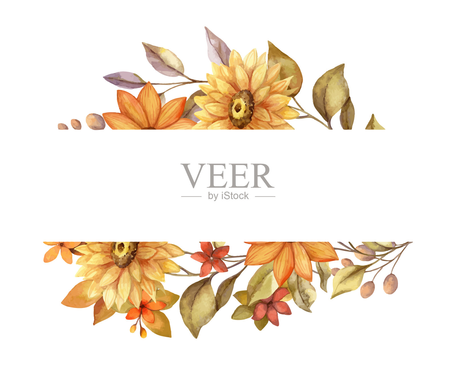 秋天水平分隔框与水彩花卉和复制空间。手绘花卉边缘模板在乡村风格。完美的秋季植物邀请和卡片设计。插画图片素材