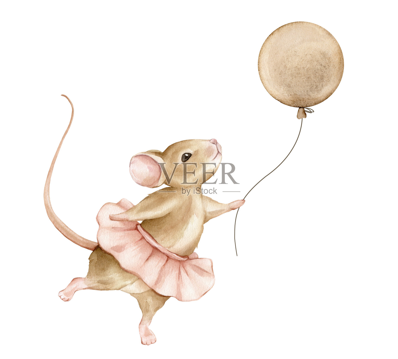 手绘水彩插图鼠标芭蕾舞女演员在一个粉红色的短裙和棕色气球。米色棕色可爱的动物跳芭蕾舞的姿势。婴儿动物插图孤立的孩子卡生日快乐插画图片素材