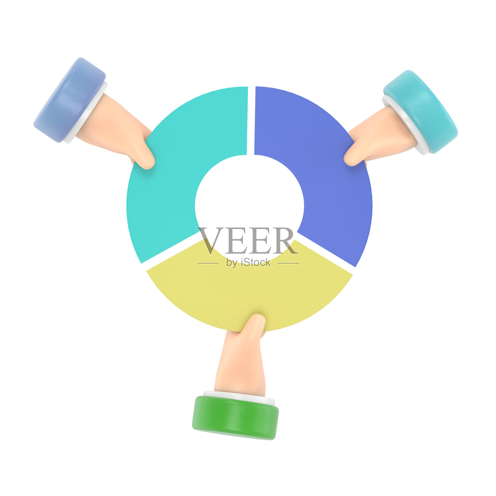 市场占有率经营理念。相互竞争的商人手里拿着饼状图。竞争。经济金融股利润。三维插图平面设计。白色背景的3D渲染。照片摄影图片