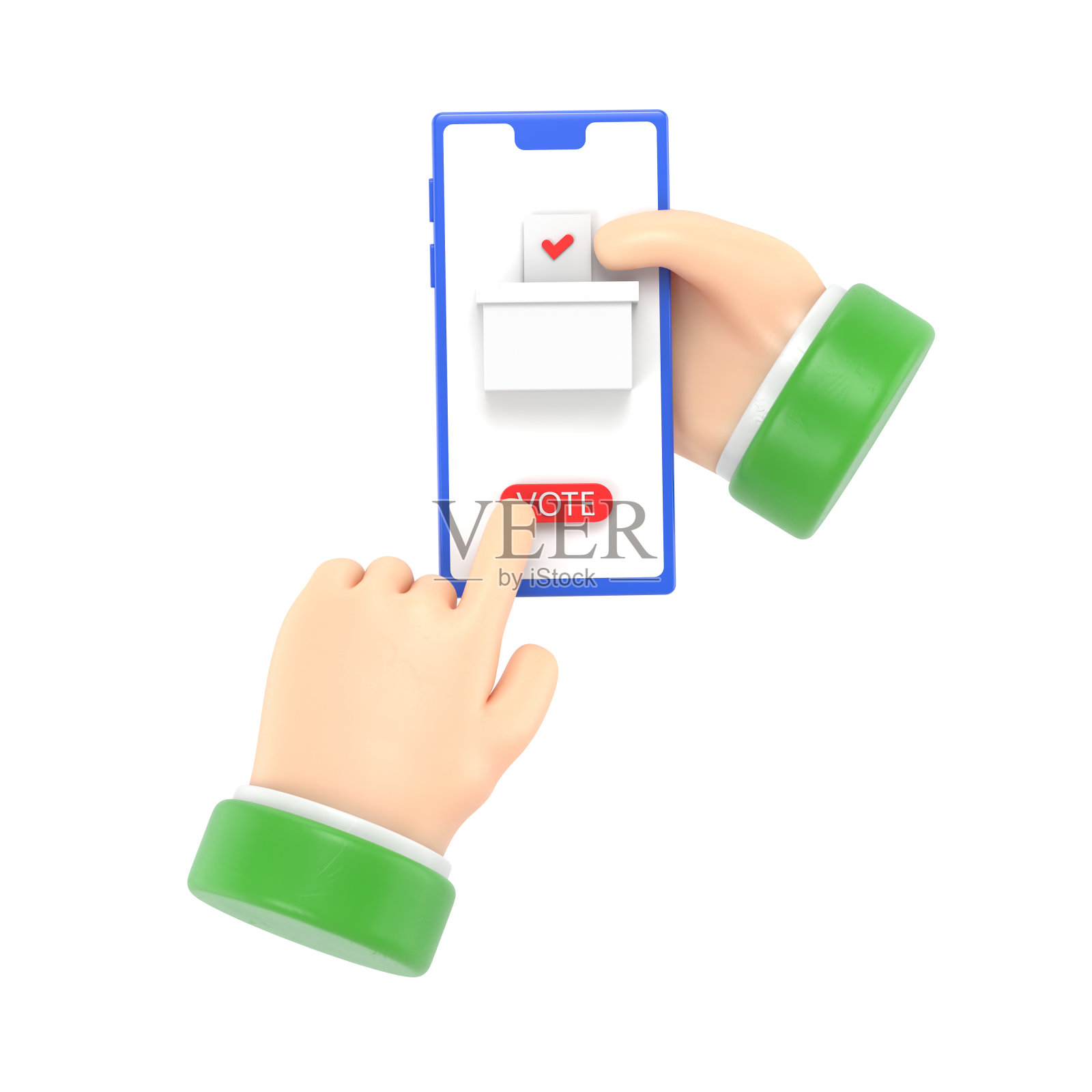 在线投票概念。3d插图平面设计风格。一个男人手里拿着智能手机。做出你的选择。公告，放入投票箱。选举投票。政治选举。照片摄影图片