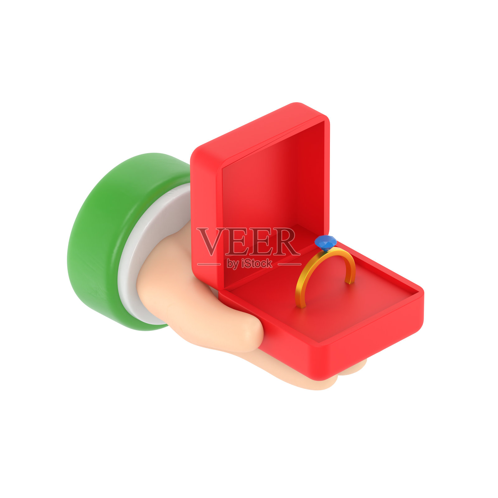 婚姻的建议。三维插图等距三维设计。男人手里拿着一个打开的盒子，里面装着结婚戒指和钻石。白色背景的3D渲染。照片摄影图片