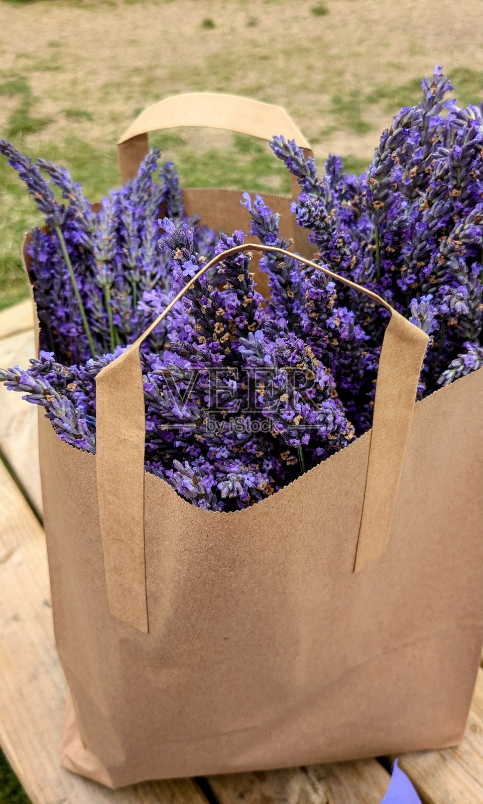 木桌上的手工袋里放着几束新鲜的薰衣草照片摄影图片