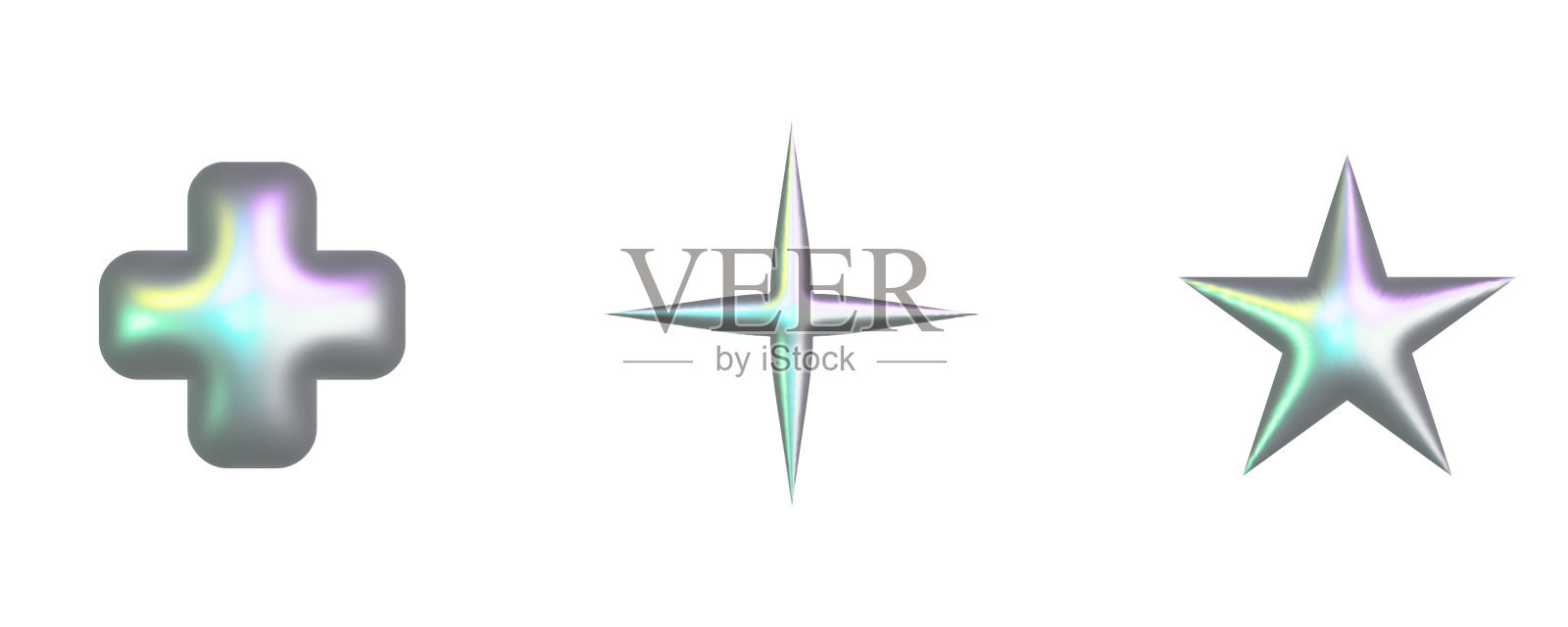 摘要3d金属全息y2k元素集-星星，心和其他简单的几何形状具有光泽的铬效果。时髦的y2k矢量插图插画图片素材