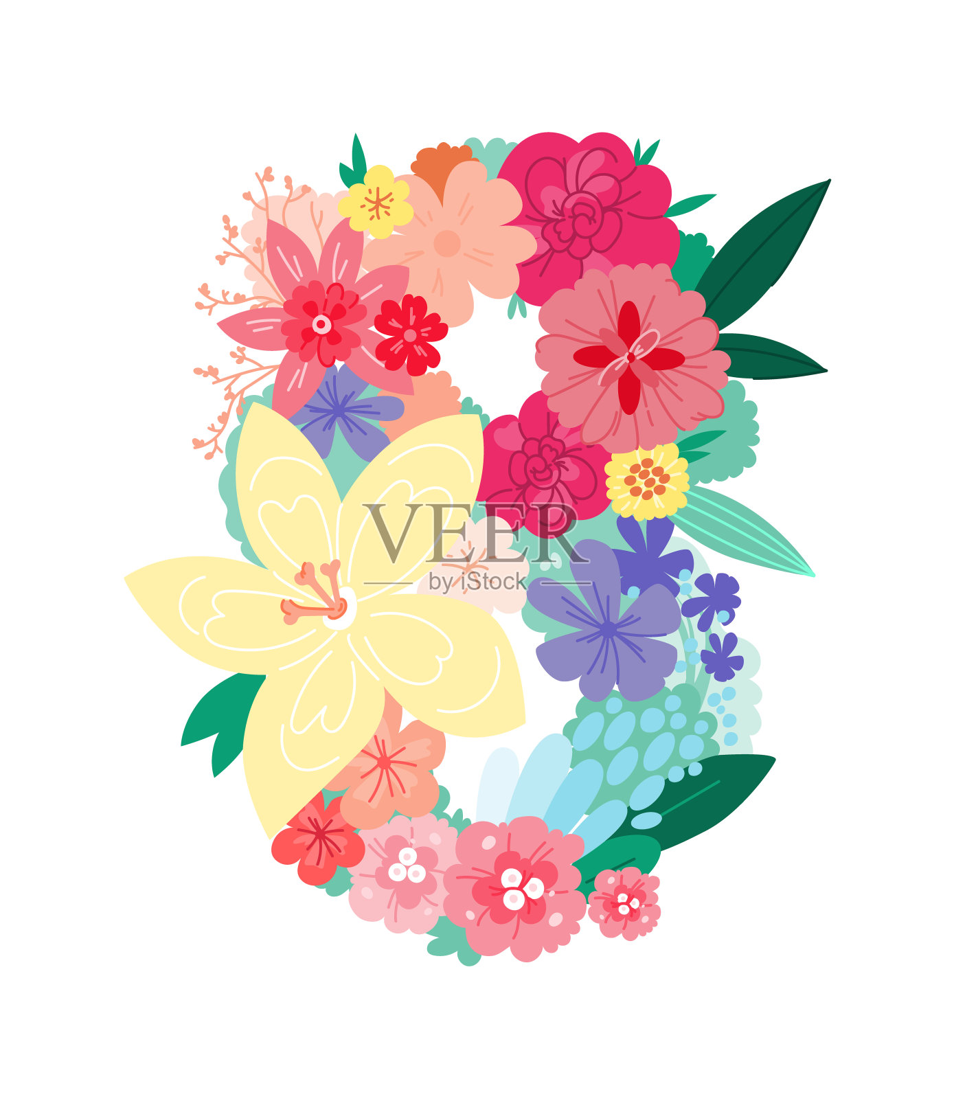 美丽的春花八字形。8号带有春花和贺词。明亮的贺卡设计。插画图片素材
