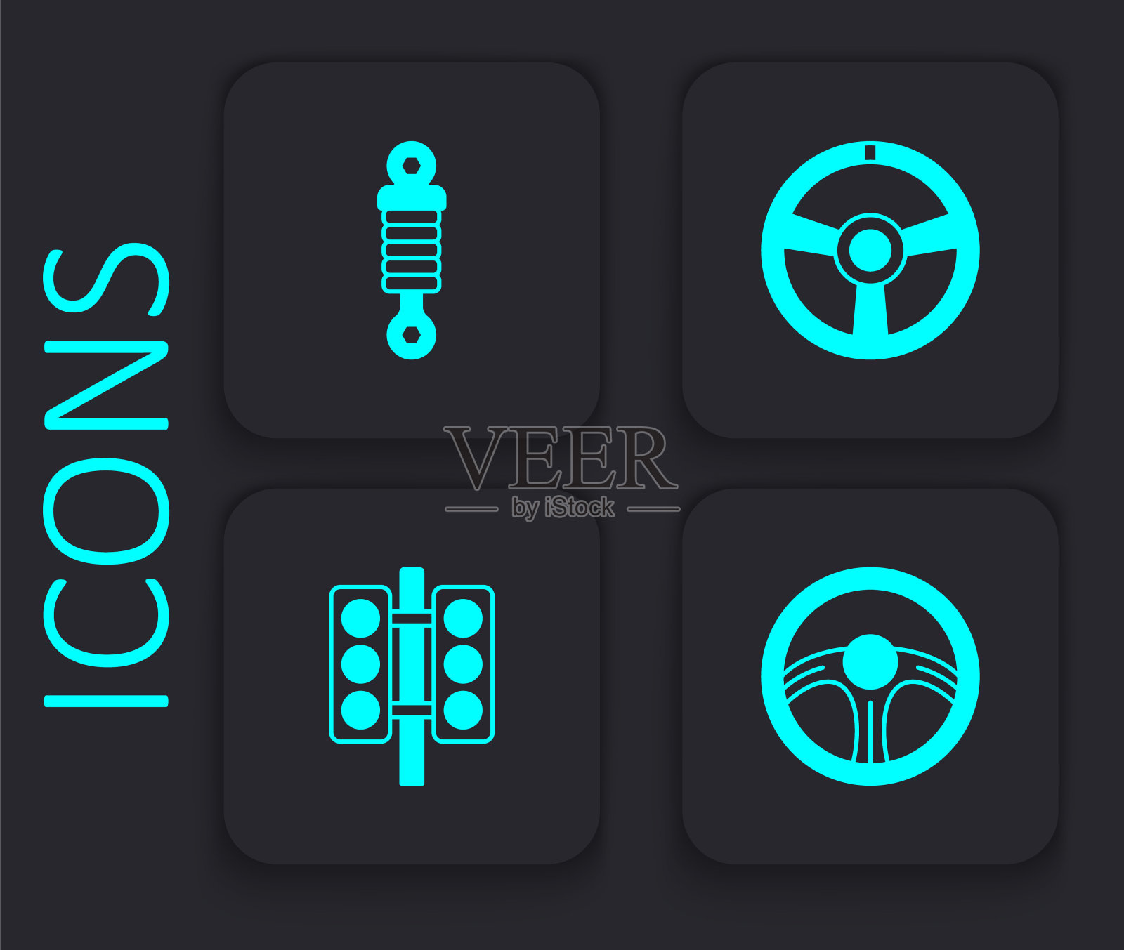 设置赛车方向盘，减震器和交通灯图标。黑色方形按钮。向量插画图片素材