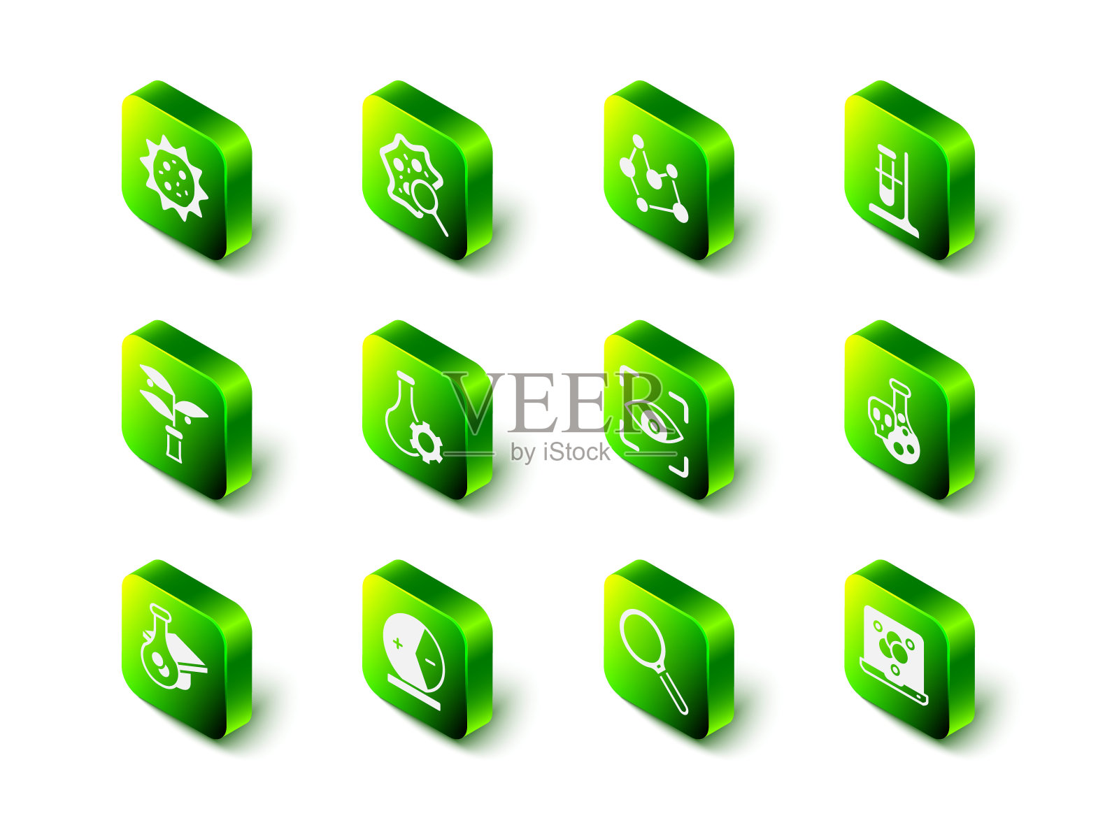 设置微生物放大镜下，化学式，试管烧瓶在支架上，有毒液体，眼睛扫描，放大镜和原子图标。向量插画图片素材