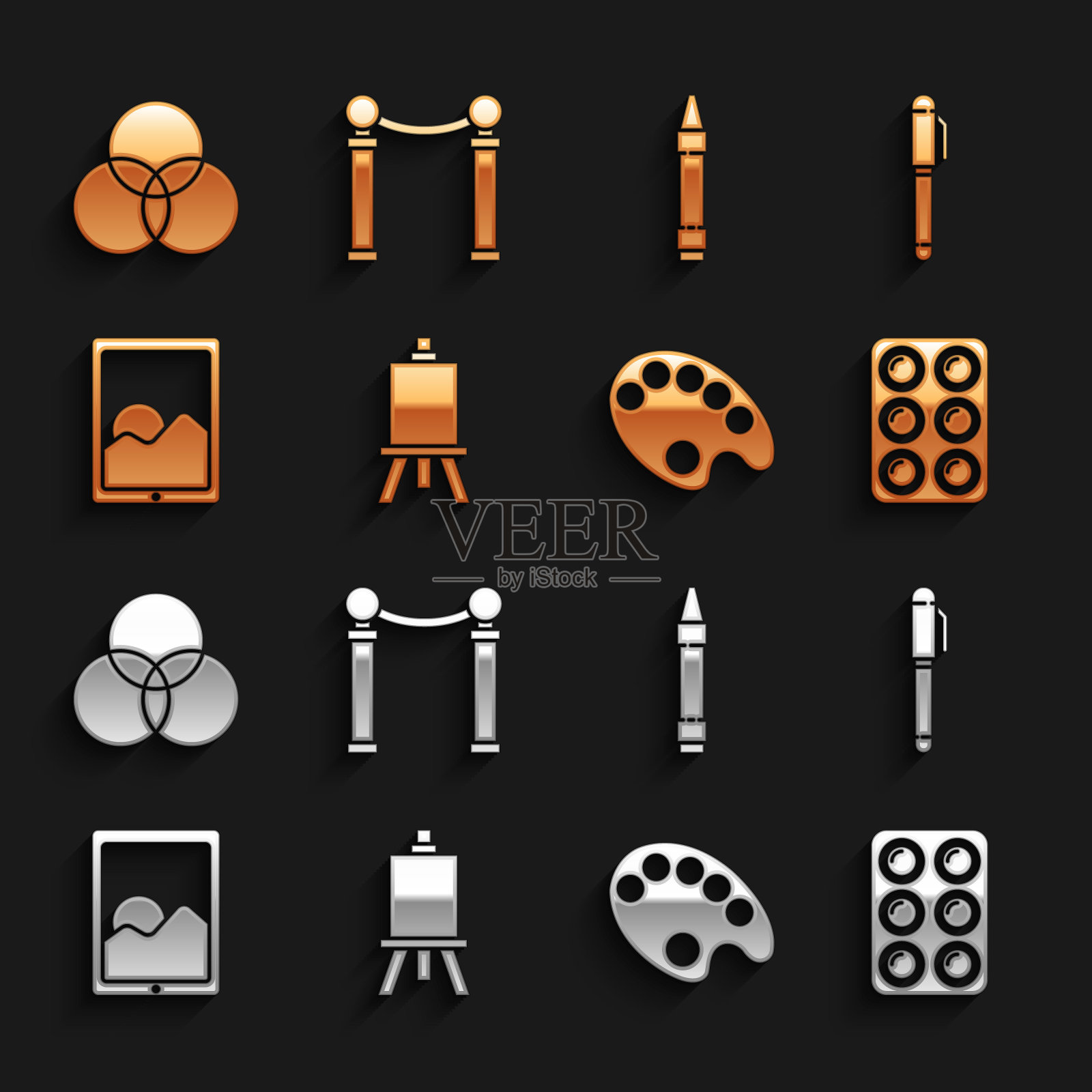 设置画架或绘画艺术板，钢笔，水彩颜料盒，调色板，图形平板，蜡笔绘画，RGB和CMYK混合和绘画图标展览。向量插画图片素材