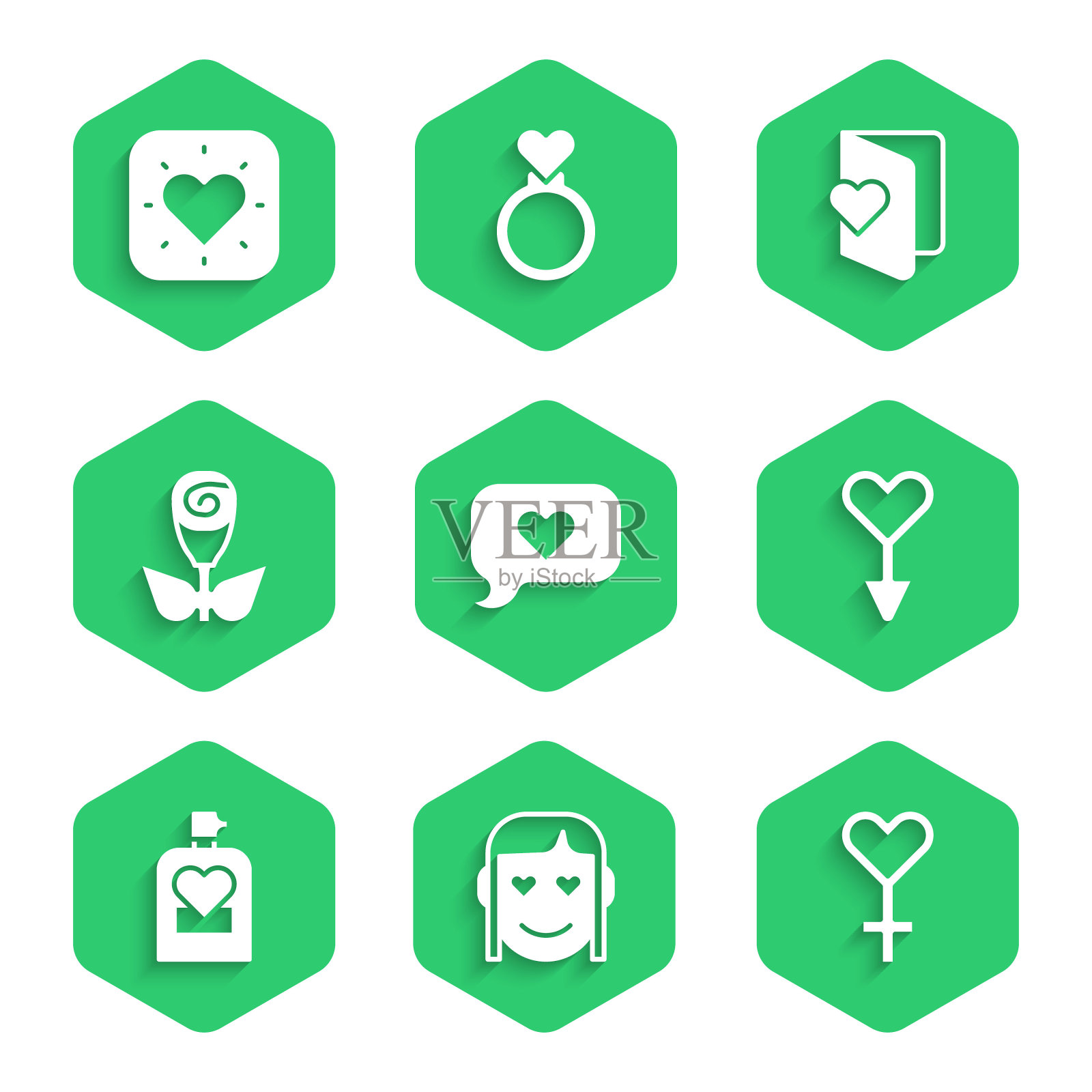 集心在演讲泡沫，浪漫的女孩，女性的性别象征，香水，花玫瑰，情人节传单和图标。向量插画图片素材