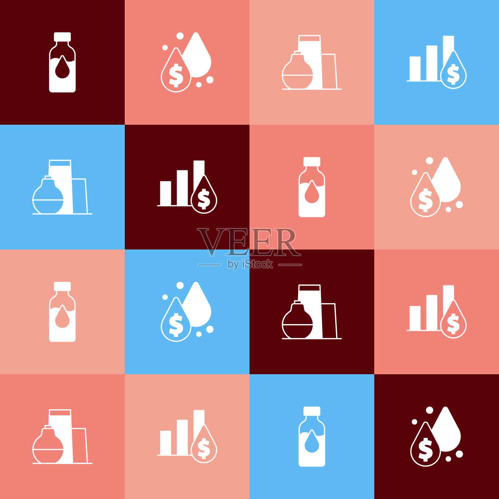 集波普艺术石油汽油试管，下降与美元符号，储罐和饼图和图标。向量插画图片素材