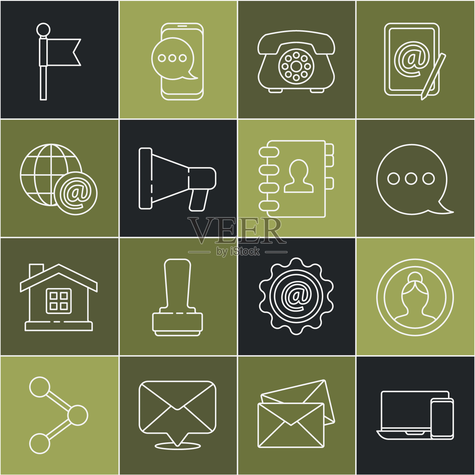 设置线路监视器和电话，创建帐户屏幕，语音气泡聊天，电话，扩音器，地球与邮件，位置标记和地址簿图标。向量插画图片素材