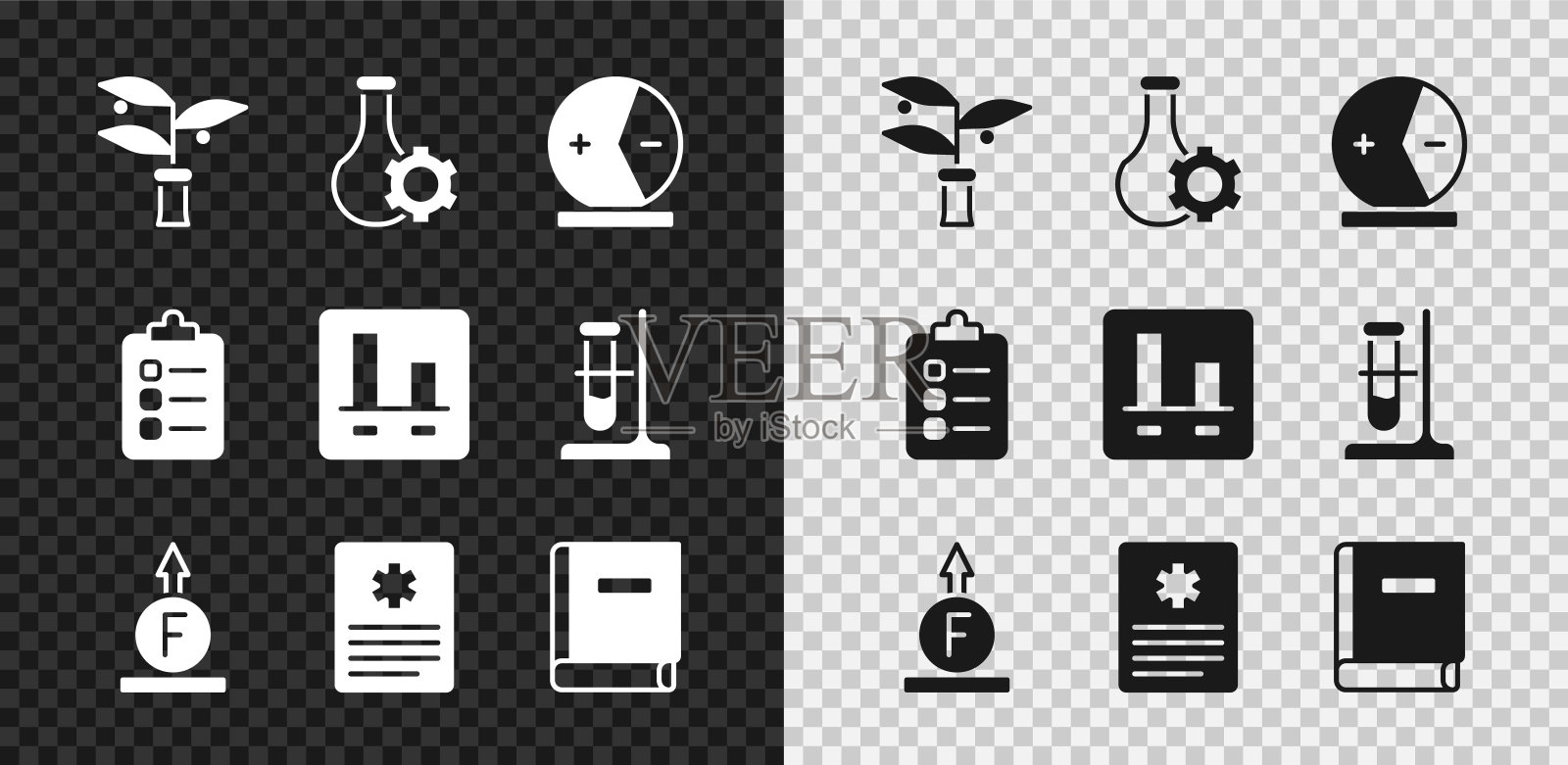 集植物育种，试管，原子，力的物理公式，病人的记录，科学书，做清单计划和图表信息图形图标。向量插画图片素材