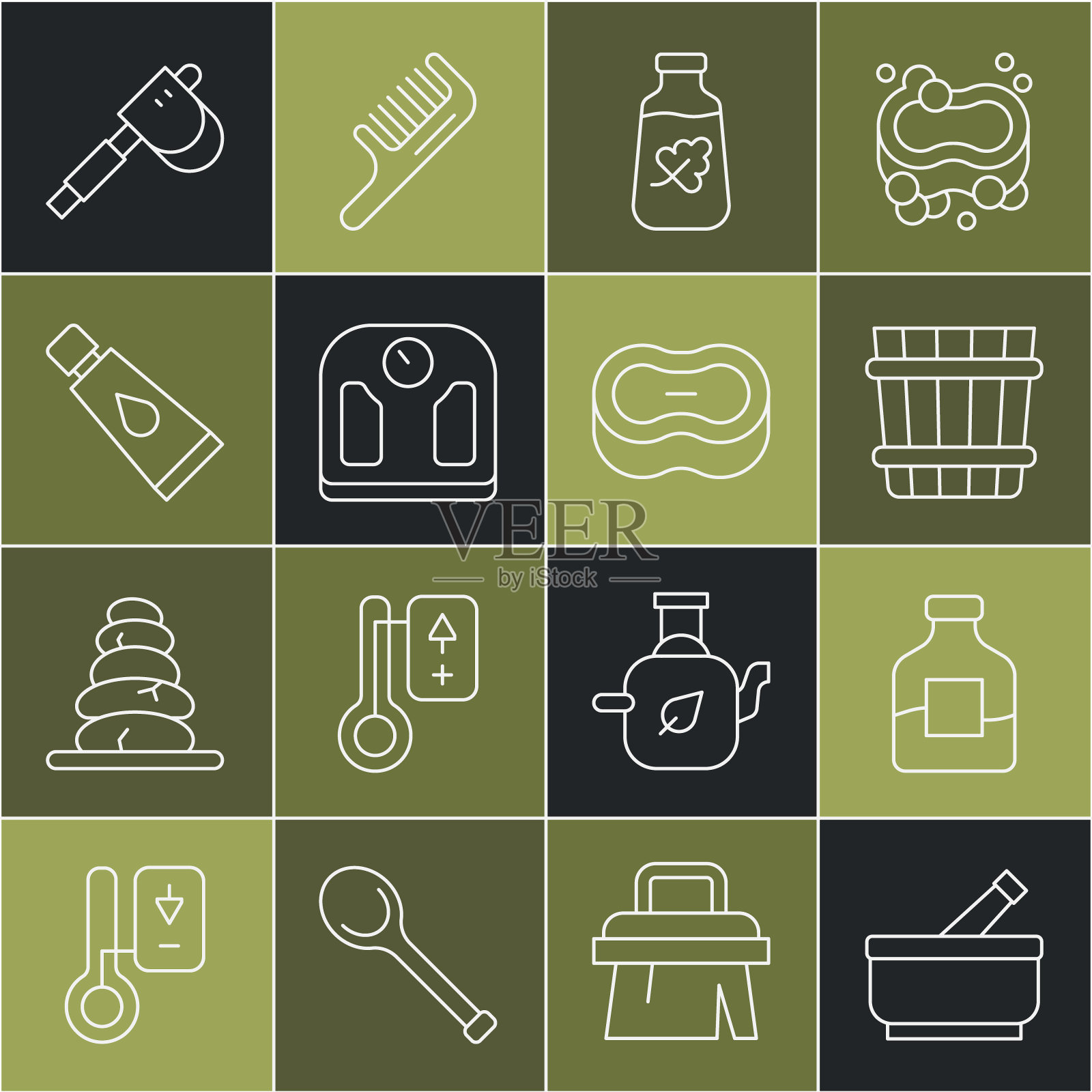 设置线臼和杵，伏特加酒瓶，桑拿桶，精油瓶，浴室秤，乳霜乳液化妆品管，木斧和肥皂图标。向量插画图片素材