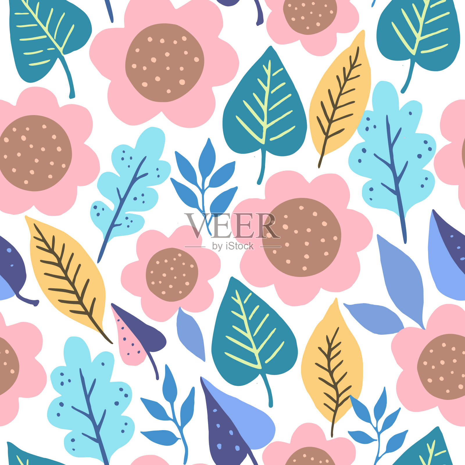 极简的现代抽象花卉无缝图案在柔和的颜色。矢量图插画图片素材