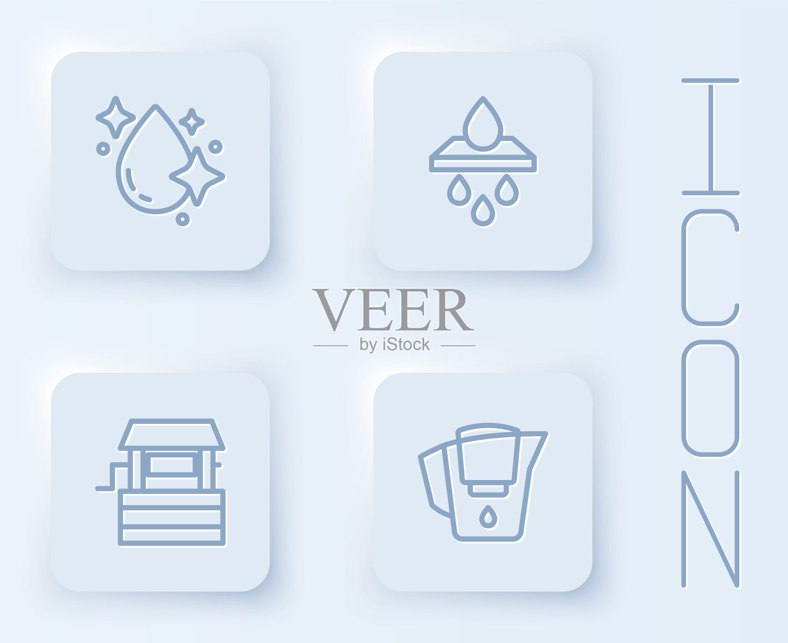 设置线水滴，滤筒，井和壶。白色方形按钮。向量插画图片素材