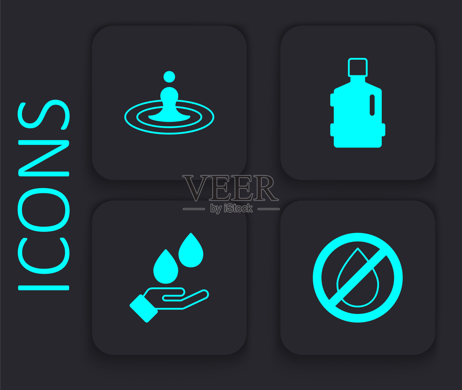 设置禁止水滴，大瓶清水和洗手液图标。黑色方形按钮。向量插画图片素材