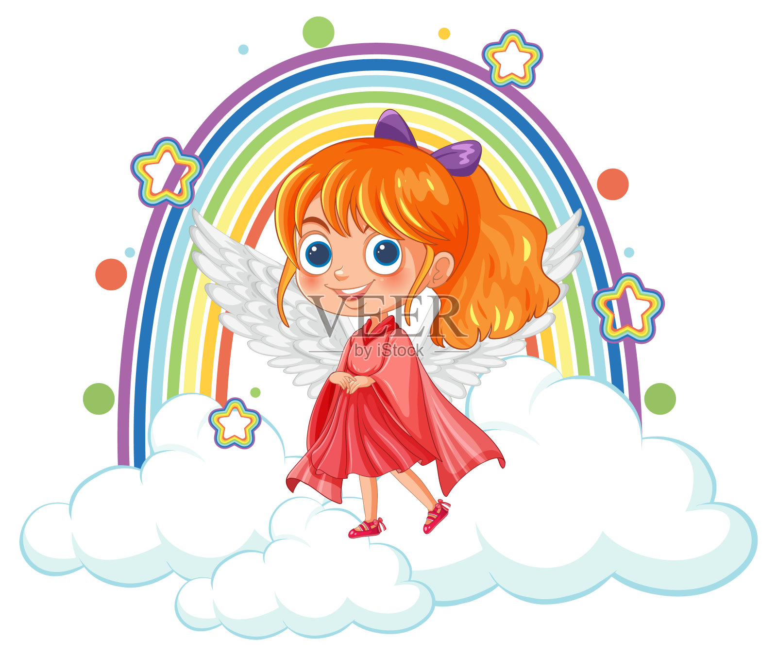 可爱的天使女孩有翅膀和彩虹插画图片素材