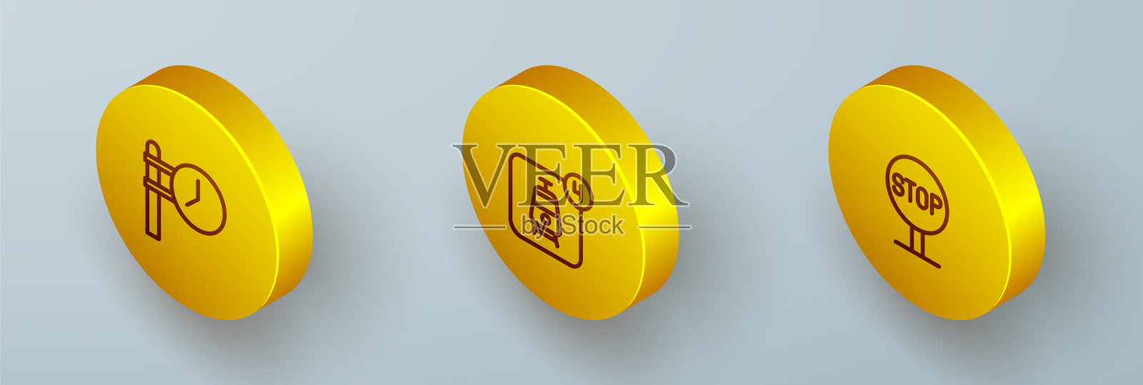 设置等距线火车站时钟，在线订票和停车标志图标。向量插画图片素材