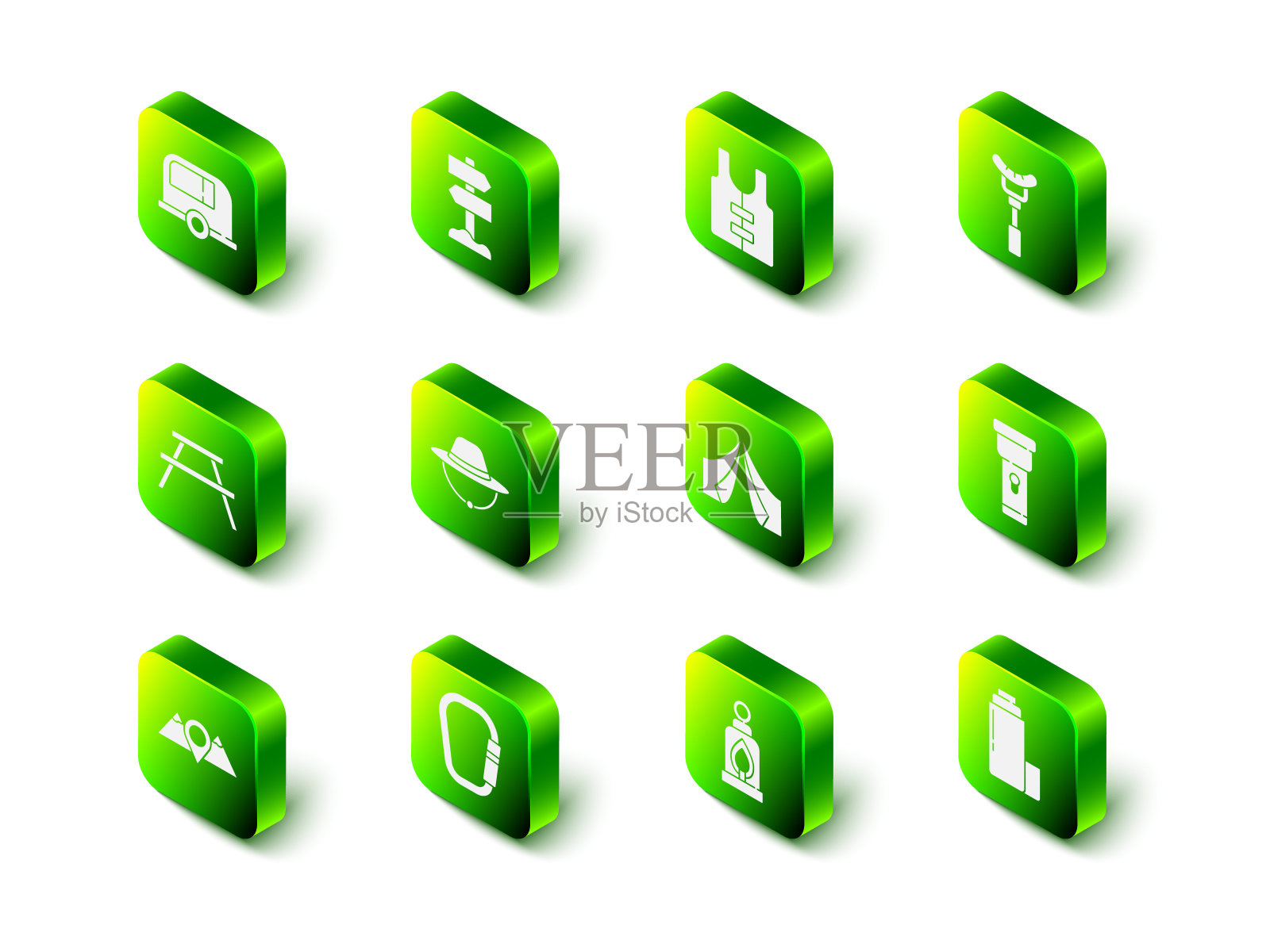 设置道路交通标志，救生衣，香肠上的叉子，手电筒，保温瓶容器，旅游帐篷，露营灯和锁扣图标。向量插画图片素材