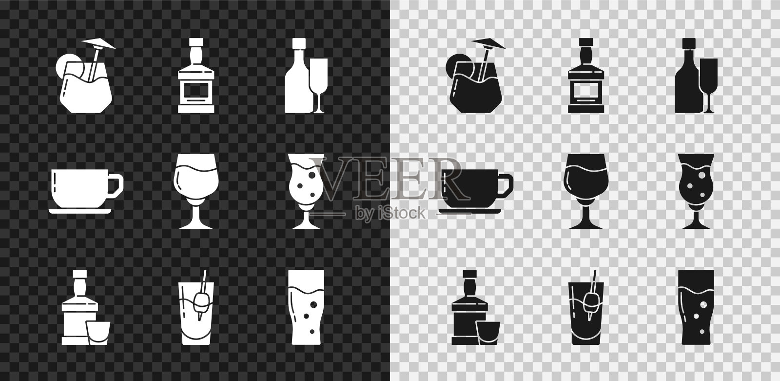 采购产品鸡尾酒，威士忌酒瓶，葡萄酒与玻璃，和，血腥玛丽，啤酒，咖啡杯和图标。向量插画图片素材