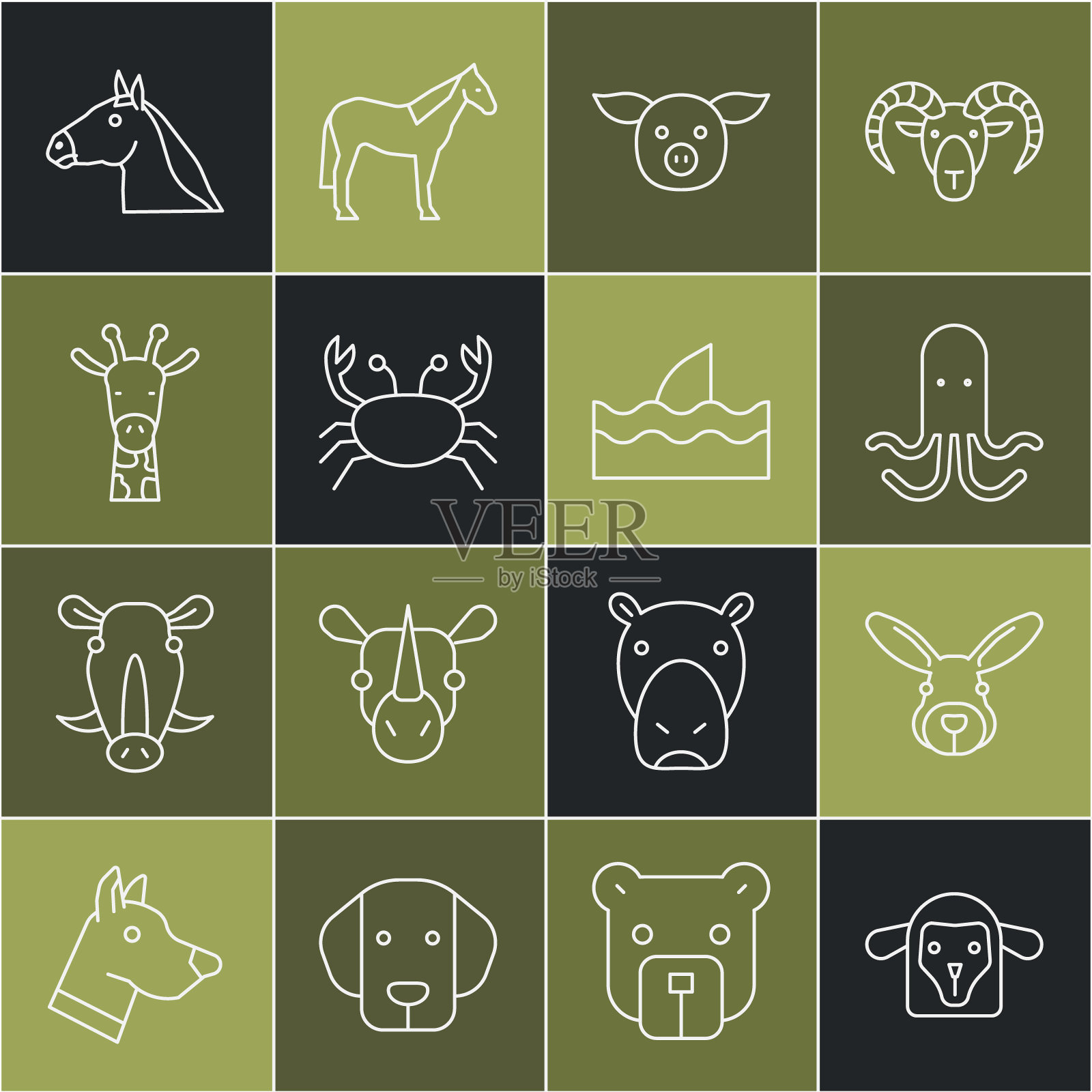 设置线羊头，兔子，章鱼，猪，蟹，长颈鹿，马和鲨鱼鳍在海浪图标。向量插画图片素材