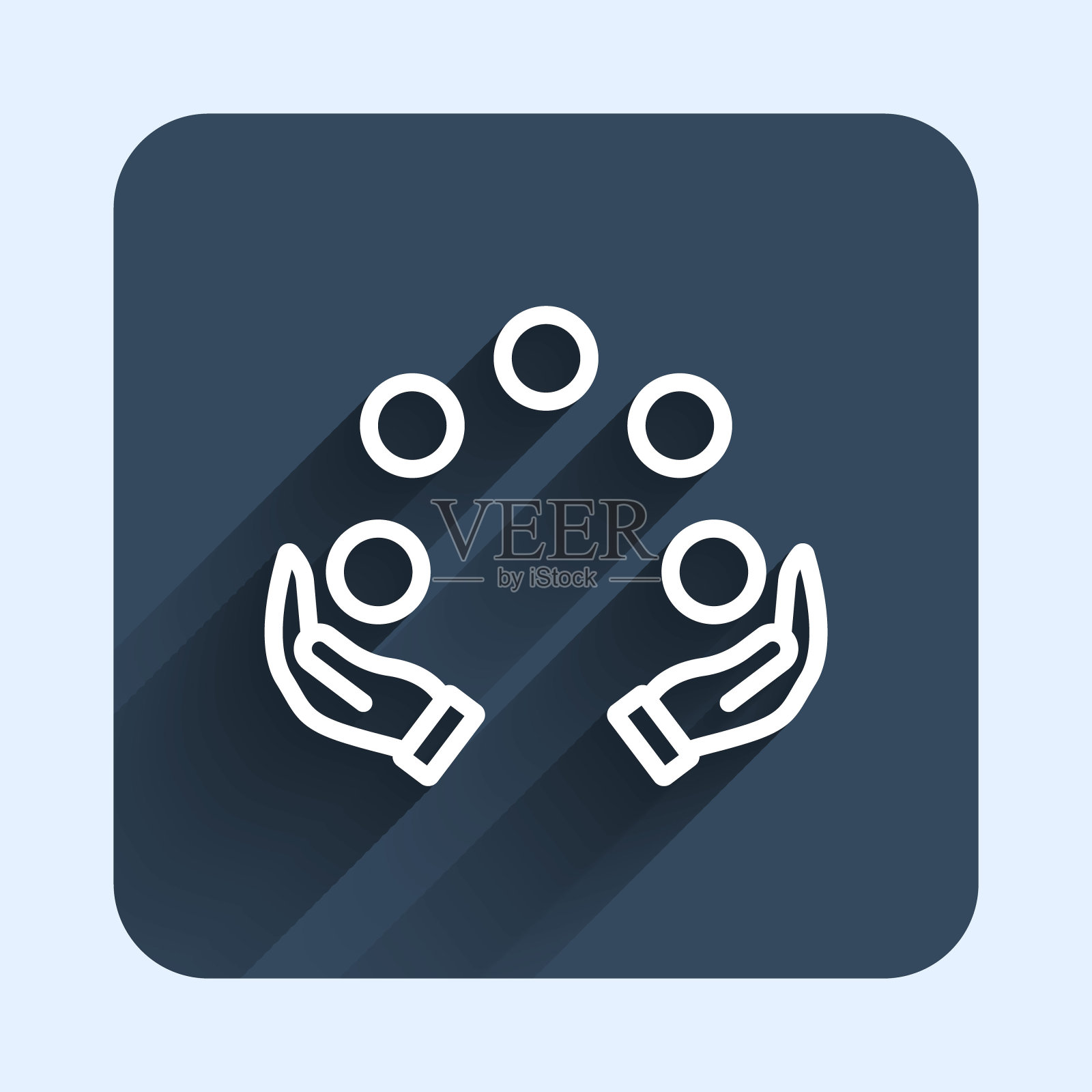 白线杂耍球图标孤立与长阴影背景。蓝色方形按钮。向量插画图片素材