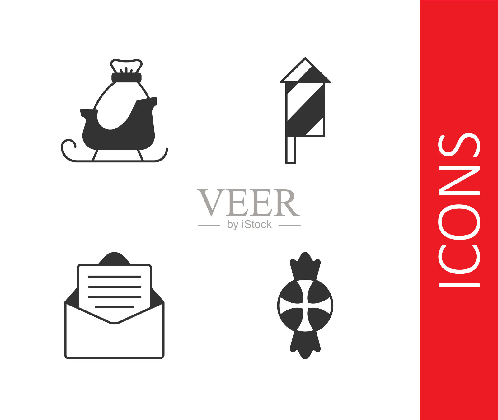 集糖果，圣诞老人雪橇，信封和烟花火箭图标。向量插画图片素材