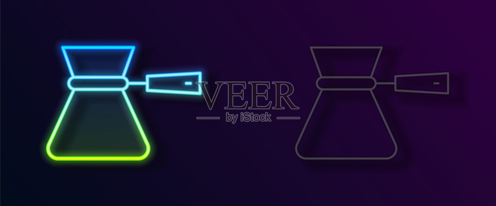 发光的霓虹灯线咖啡土耳其图标孤立的黑色背景。咖啡cezve。向量插画图片素材