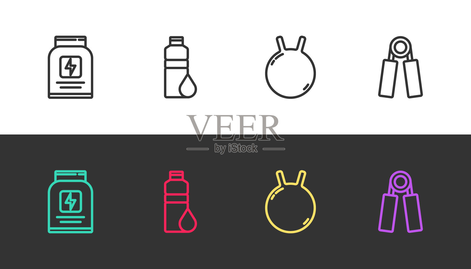 设置线运动营养，健身摇壶，壶铃和扩展黑色和白色。向量插画图片素材