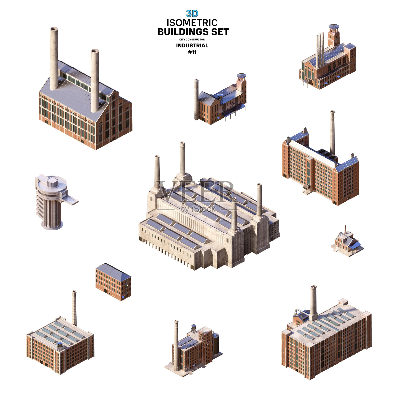 等距城市构造器。逼真的城市3D工业建筑，电站厂房，工厂设施，仓库集。照片摄影图片