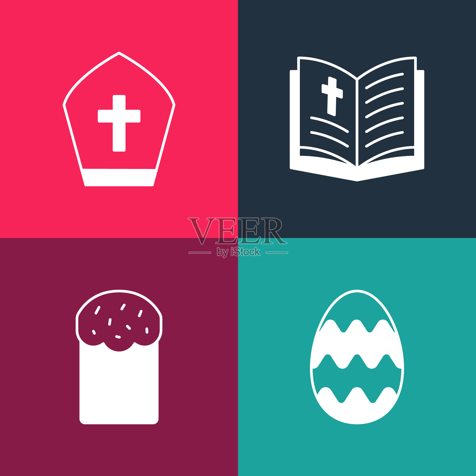 设置波普艺术复活节彩蛋，蛋糕，圣经书和教皇帽子图标。向量插画图片素材