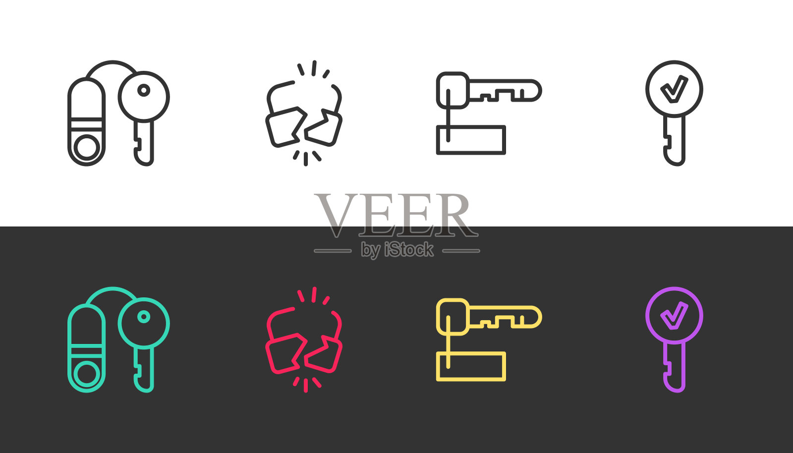 设置线房子的钥匙，坏了或破裂的锁，黑色和白色标记和钥匙。向量插画图片素材